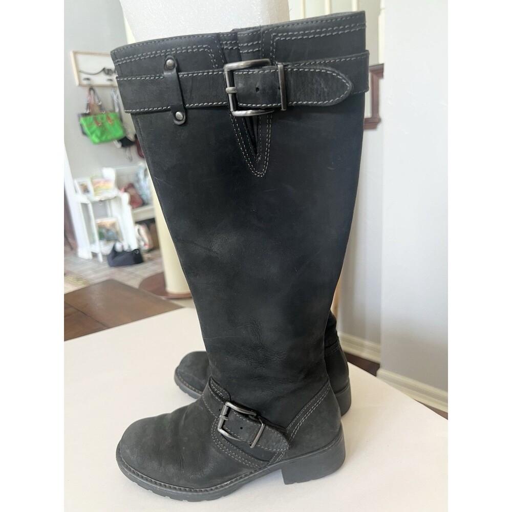 Clarks Womens Black Leather Tall Riding Boots Knee High Side Zip Round Toe 6 37